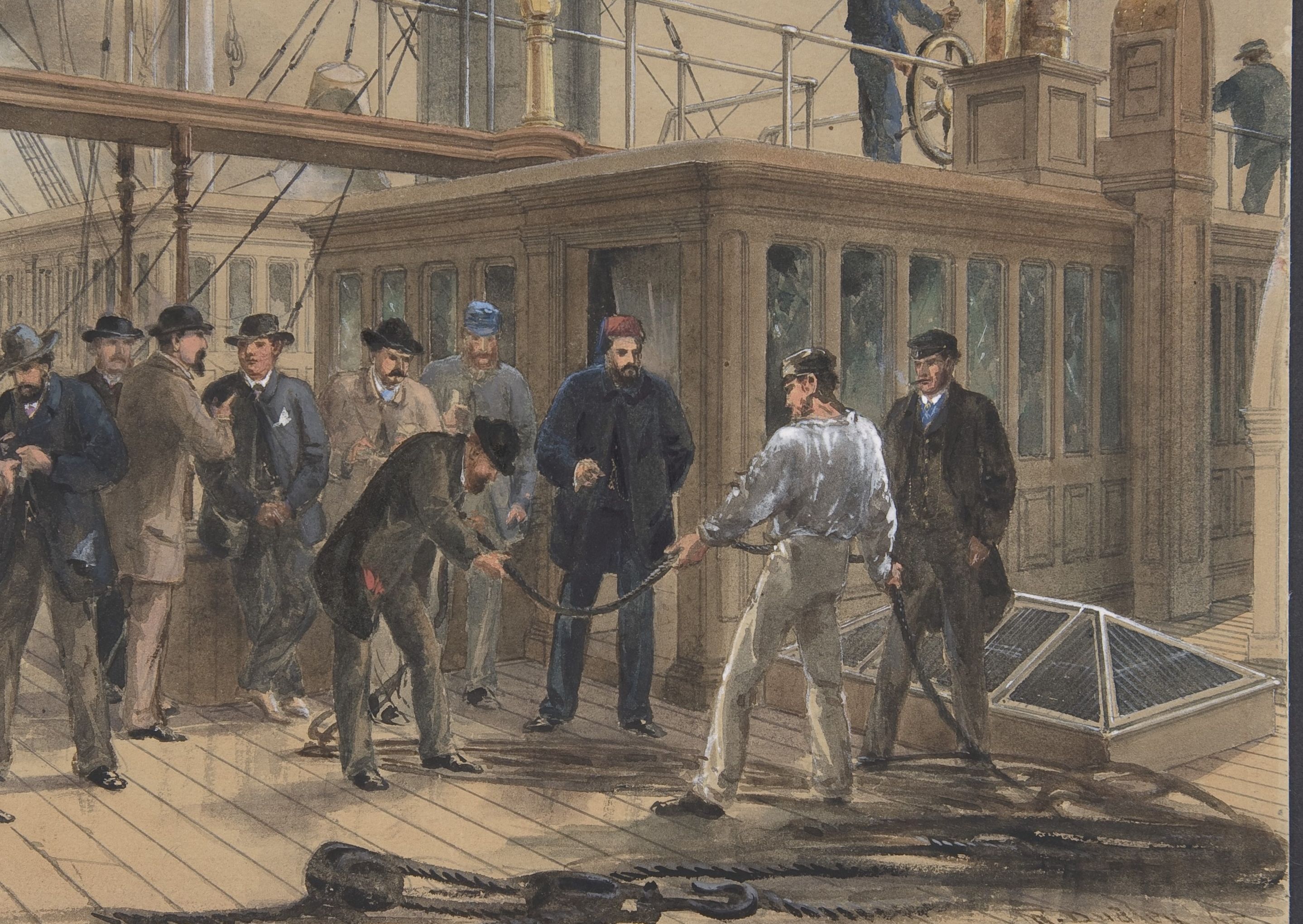 Men examining a length of cable on Great Eastern's deck beside the ship's cabins and rigging