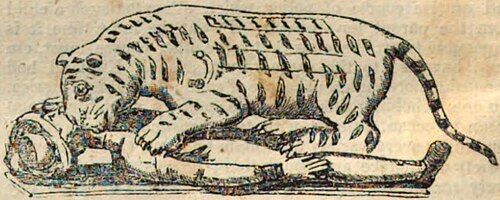 A woodcut of the tiger over the European figure, with its organ panel open.