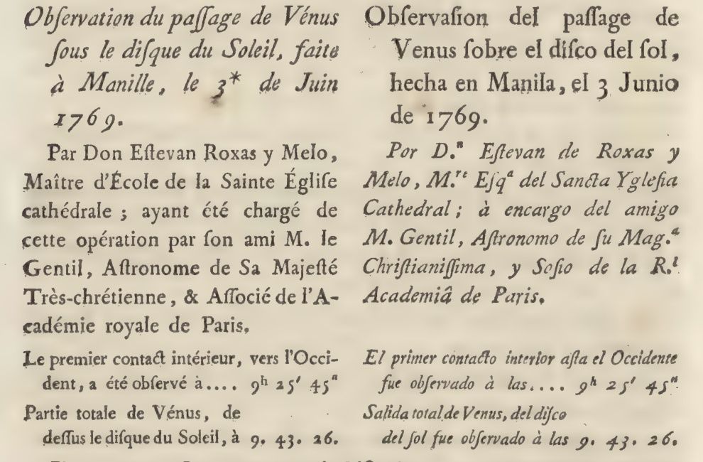 Two columns in French and Spanish name Roxas y Melo and record the timed contacts of Venus observed from Manila