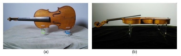 A violin placed on vertical and horizontal supports for laser scanning