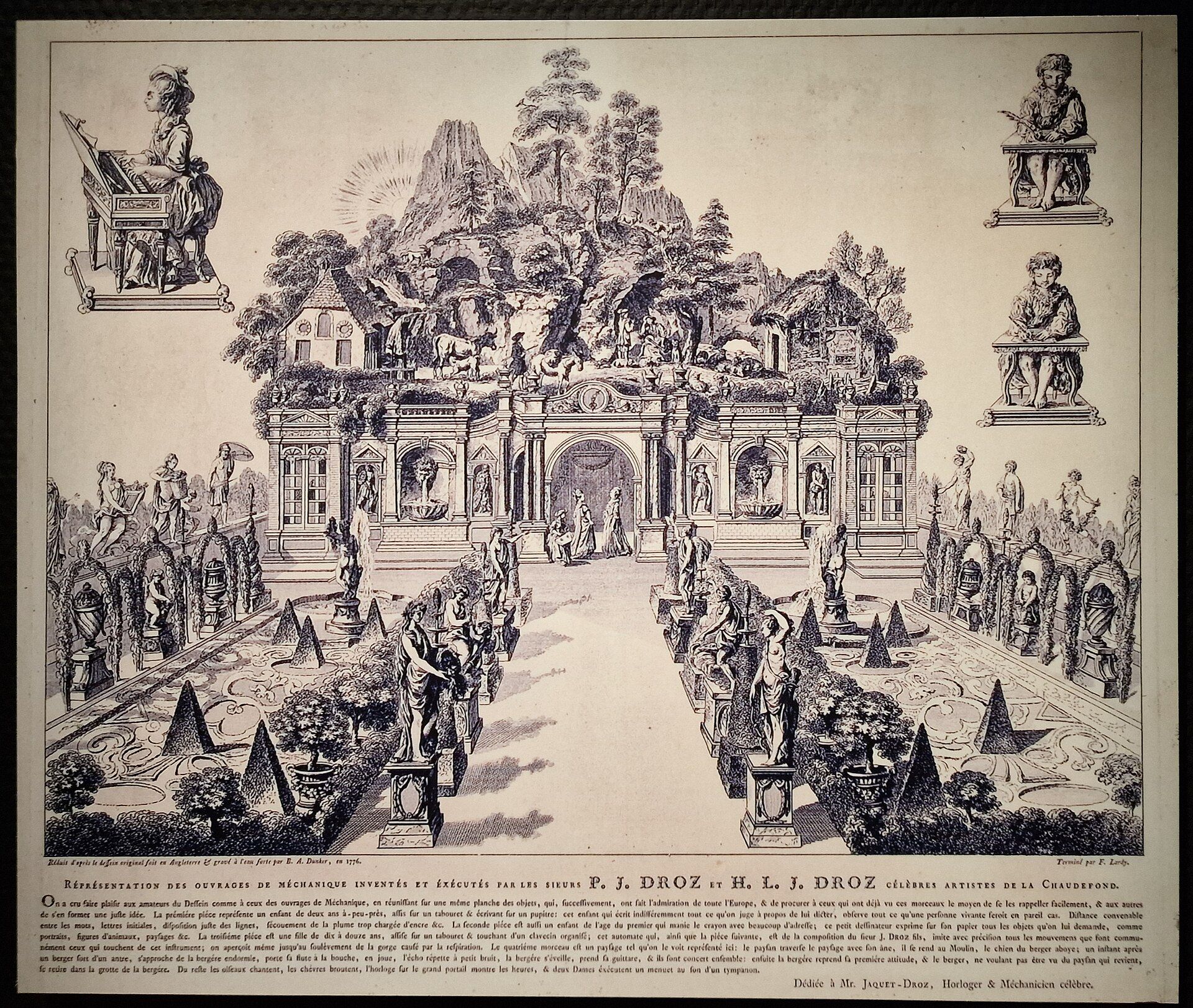 An eighteenth-century engraved prospectus combining a mechanical pastoral grotto with the Writer, Draughtsman and Musician.