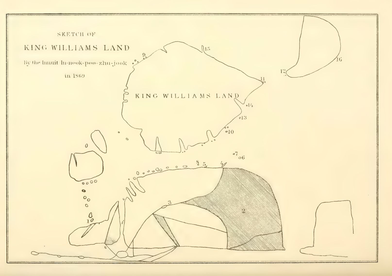 Inukpujijuk’s map of King William Island and adjacent country, with numbered places