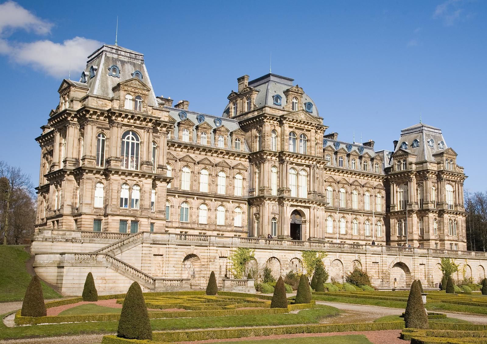 The French-style stone façade and central entrance of The Bowes Museum.