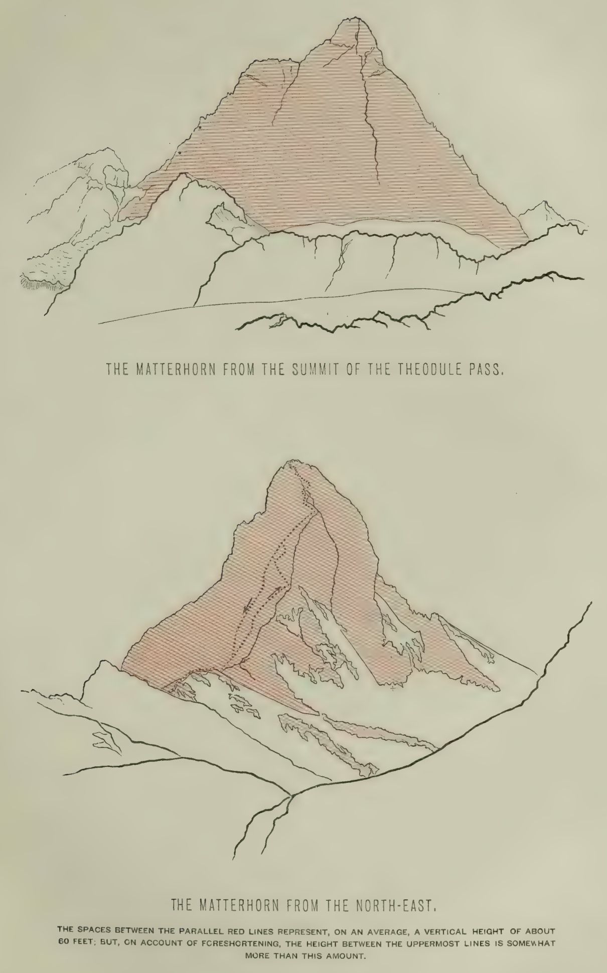 Two outline views of the Matterhorn crossed by fine red height lines