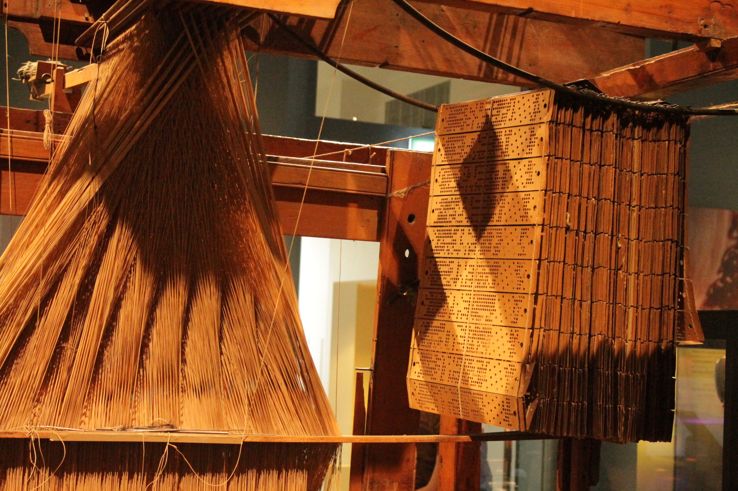 A large bank of laced punched cards hangs beside the spreading harness cords of a Jacquard loom in a museum.