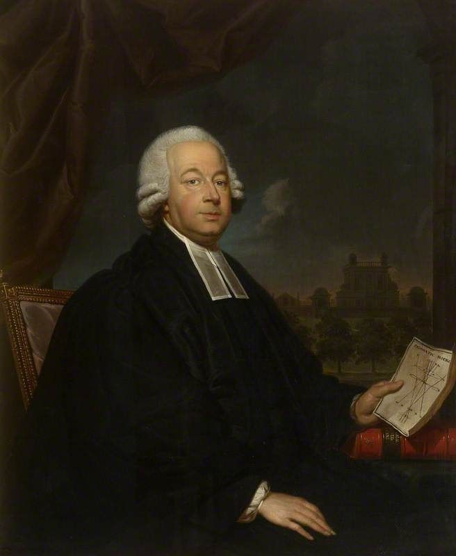 Nevil Maskelyne seated in clerical dress, holding an astronomical diagram