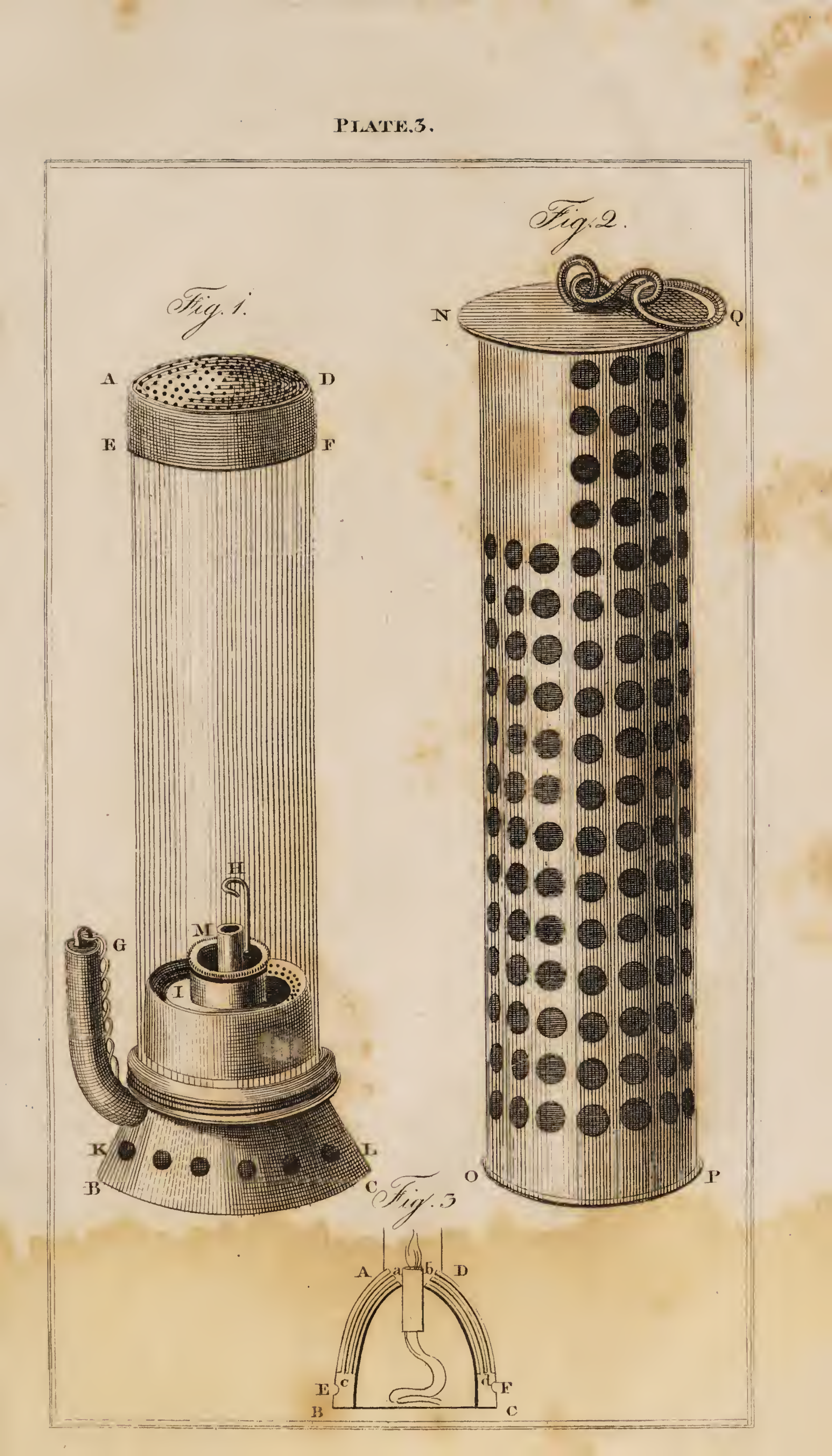 Stephenson's glass chimney lamp, its perforated protective cover and a section through the air chamber