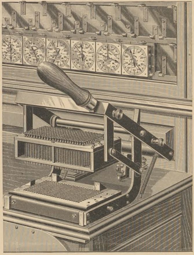 An open Hollerith press has a raised box of metal pins above a perforated bed, with dial counters visible behind.