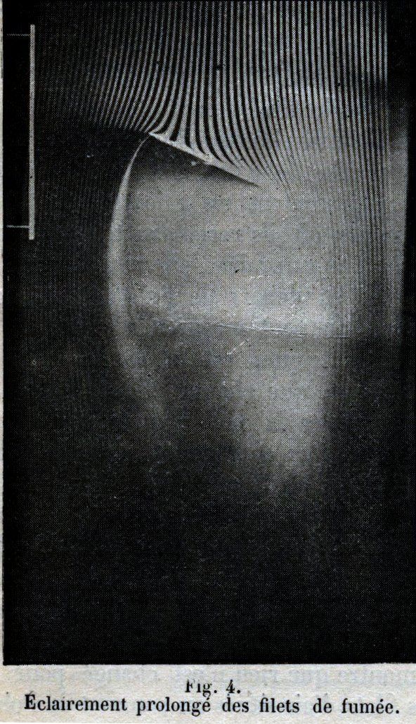 A longer-exposure printed photograph in which the threads above an inclined plate remain separate while much of the wake becomes an even grey.