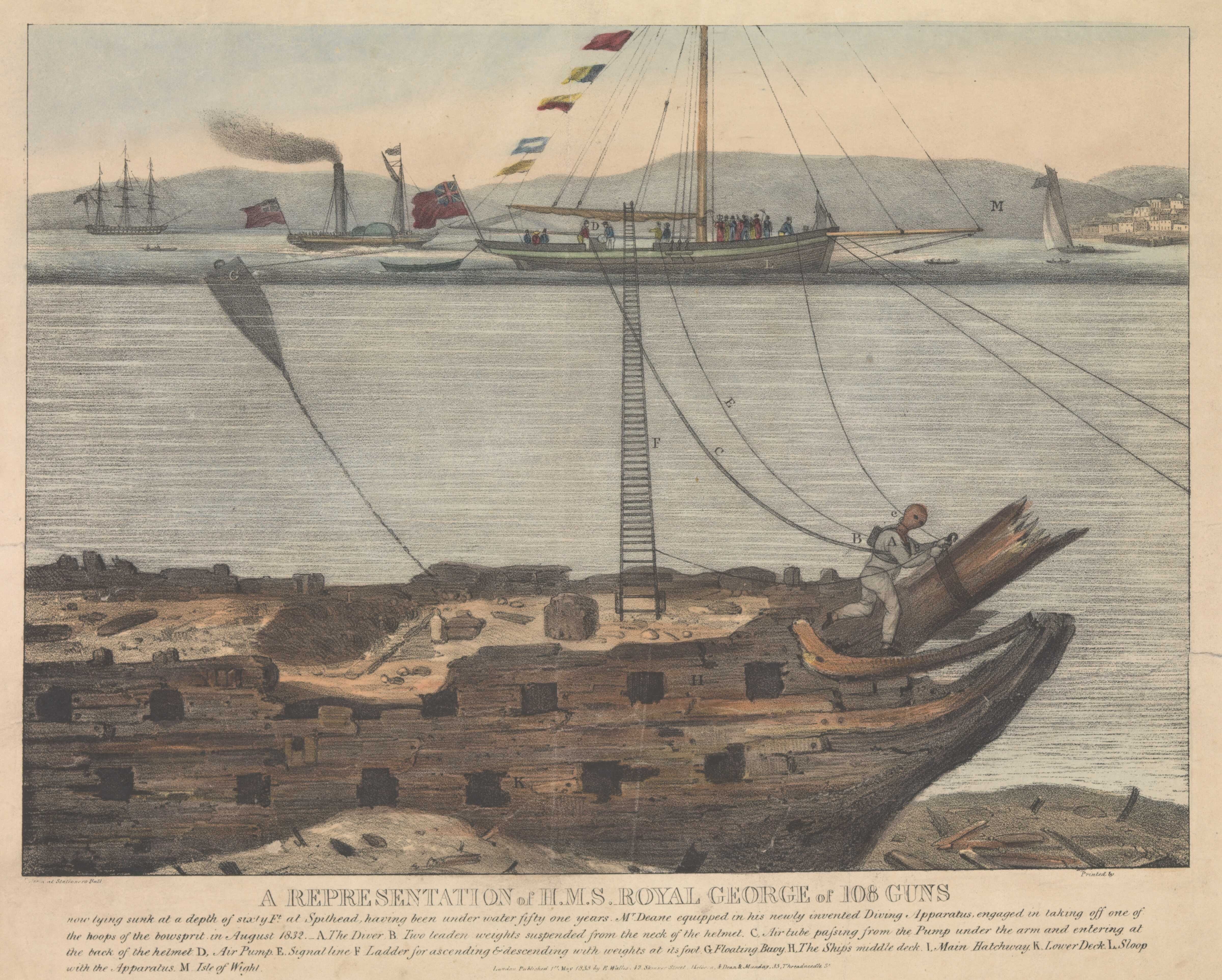 A cutaway view of a helmet diver on the wreck of Royal George, connected by hose and lines to a vessel above