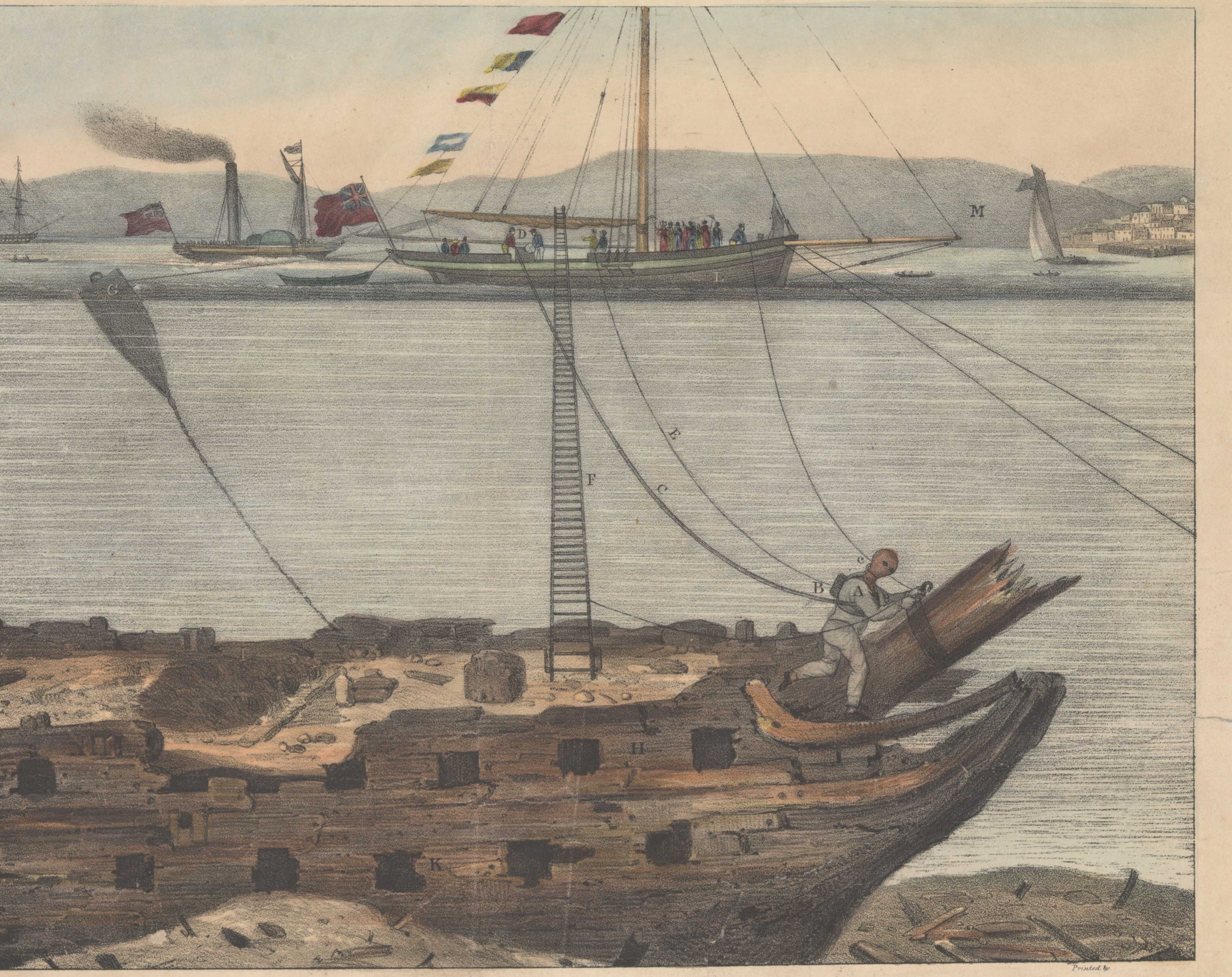 A cutaway view of a helmet diver on the wreck of Royal George, connected by hose and lines to a vessel above
