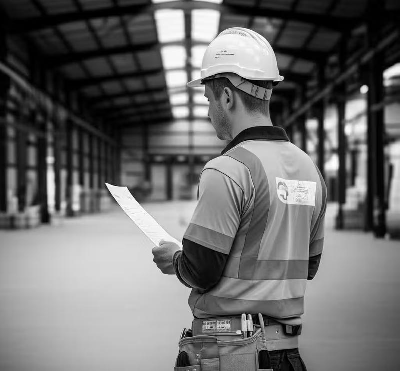 Construction worker in hi-vis vest reading paperwork at a worksite