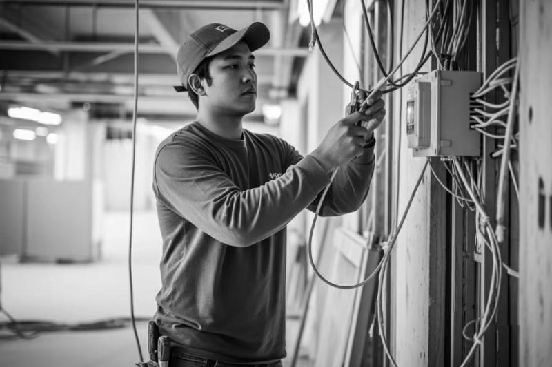 技工在建筑工地安装电线