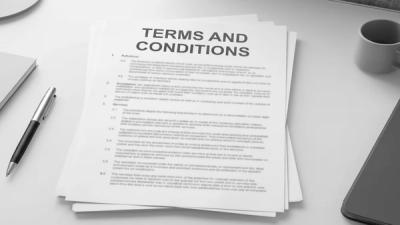 Stack of printed Terms and Conditions documents on a desk with a pen and coffee cup
