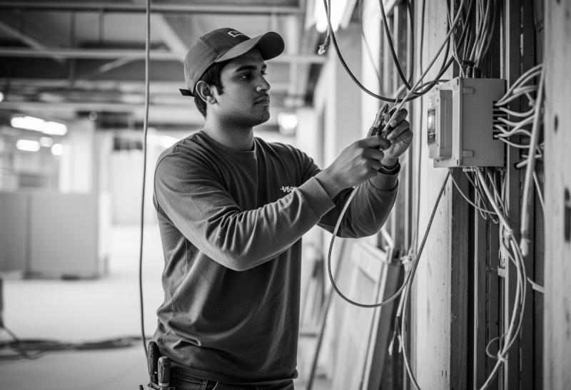 Tradesperson installing electrical wiring on a construction site