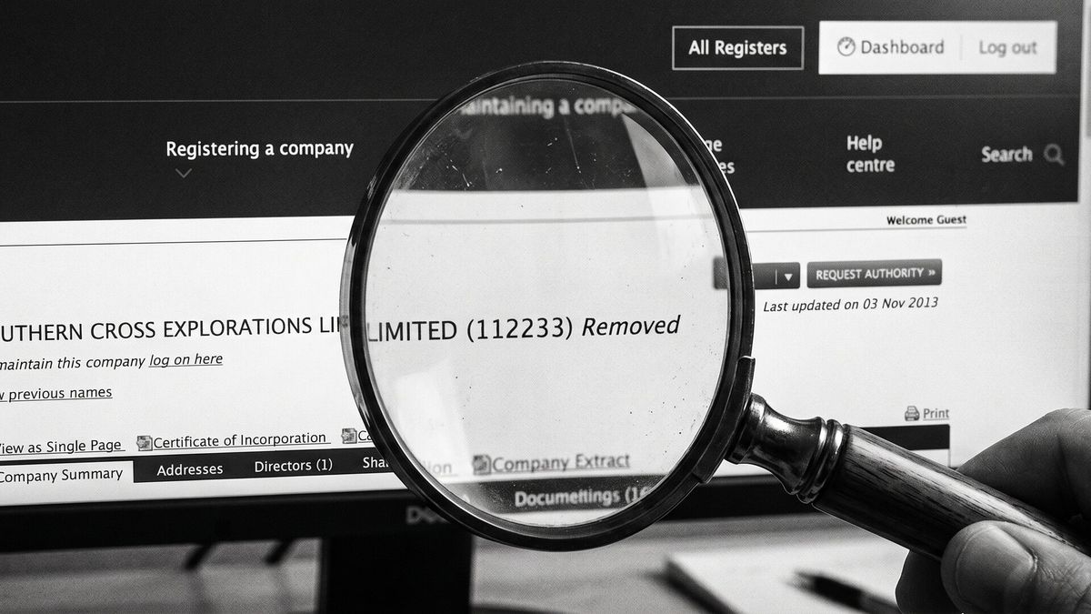 Magnifying glass held over a company record on the New Zealand Companies Register website
