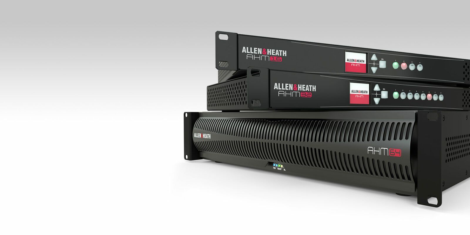 Three AHM series matrix processors stacked on each other