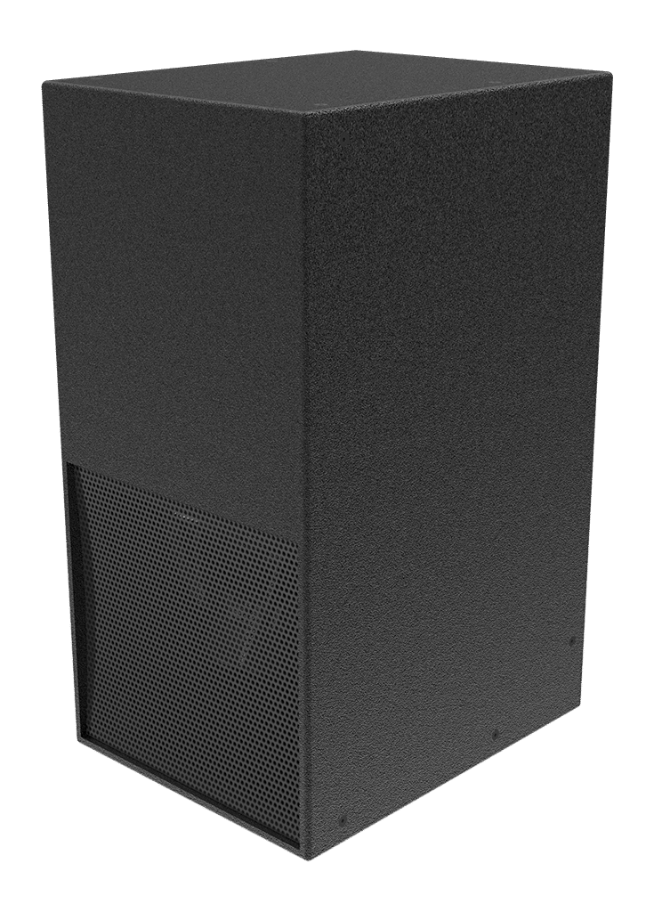 Large black box subwoofer with grill on bottom