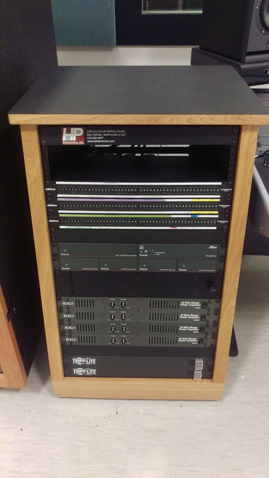 Sound rack at a recording studio showing patch panels