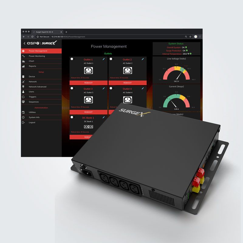 Web Interface with image of power controller at an angle showing connections
