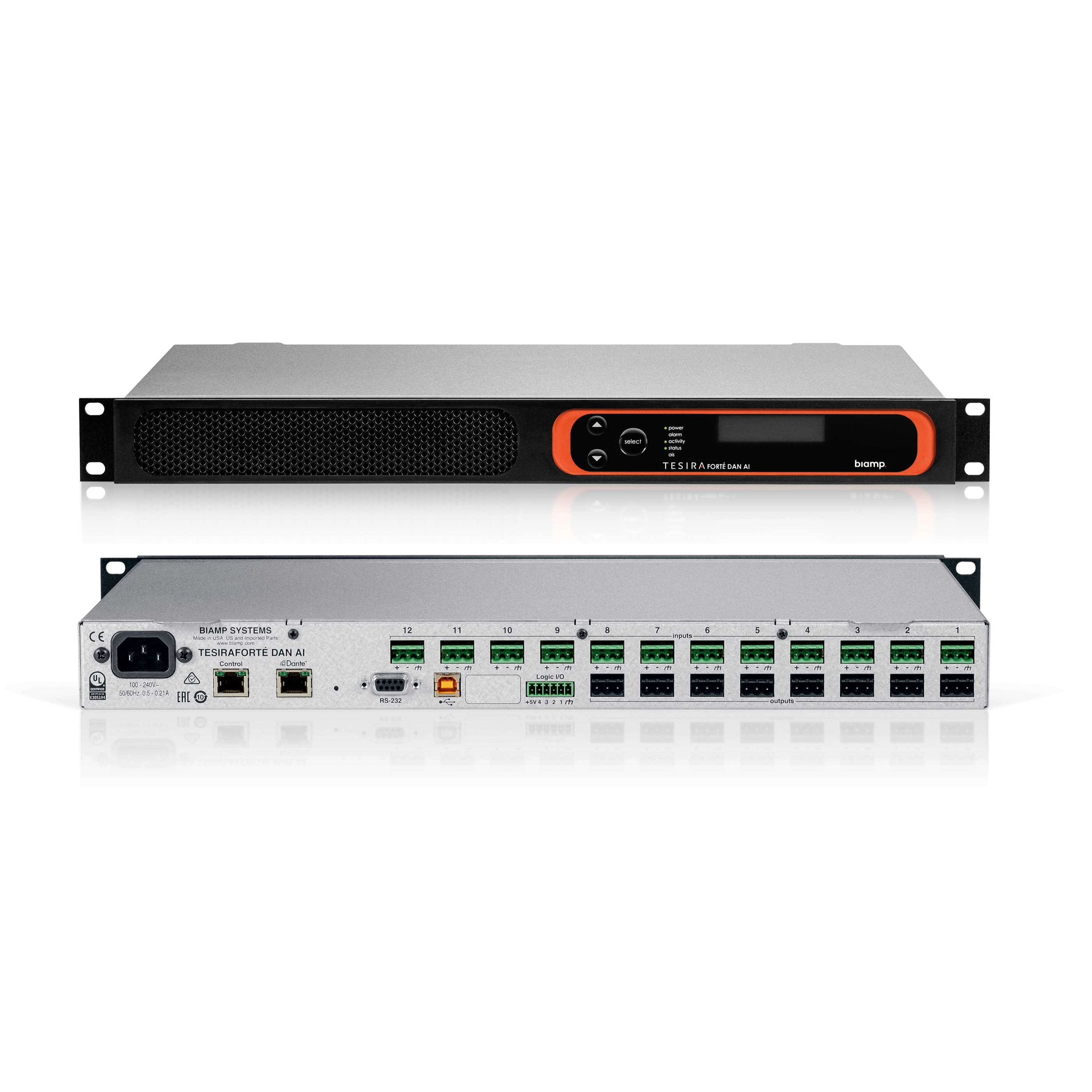 Front and back of an 1RU digital signal processor showing connectors
