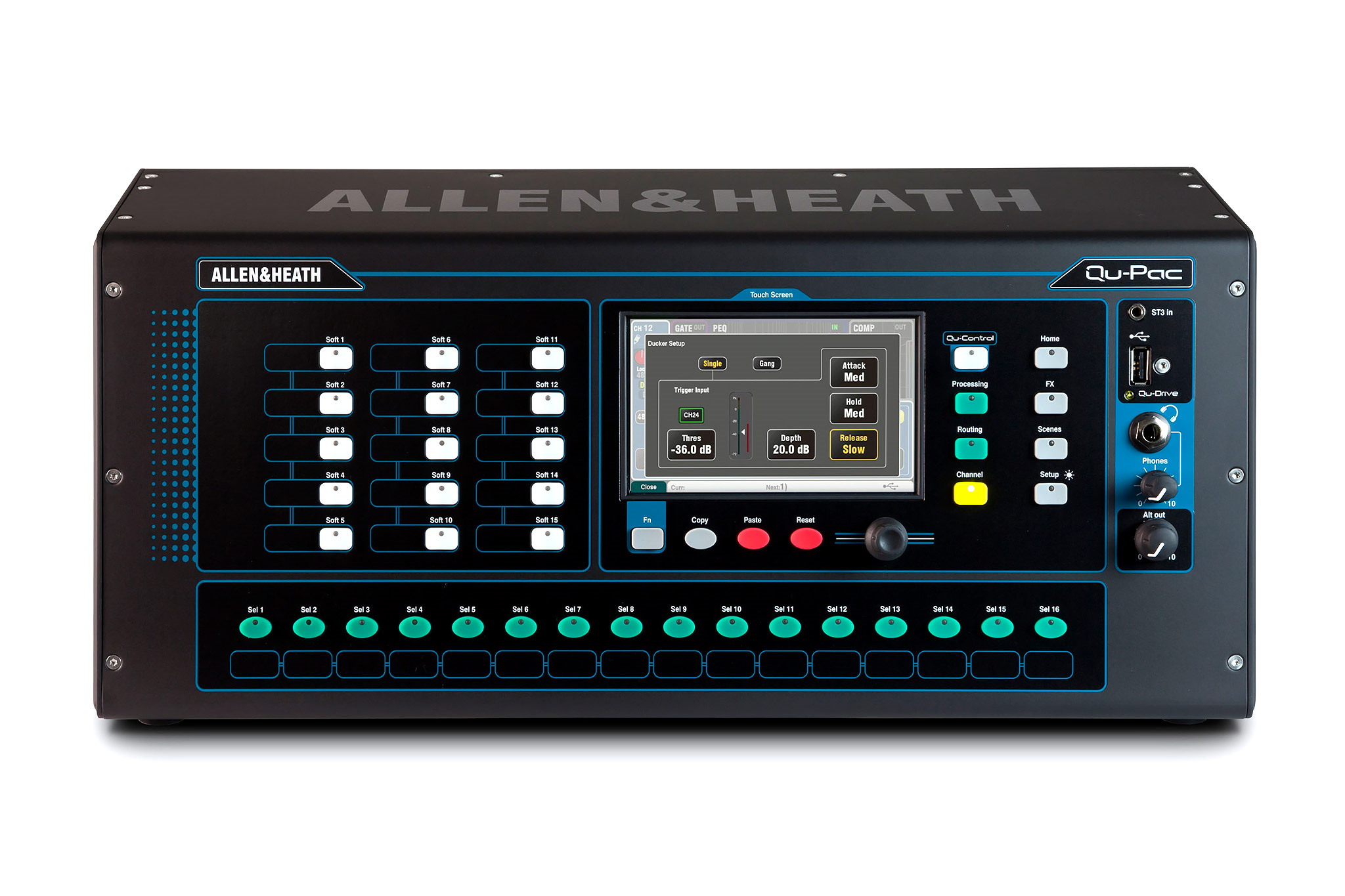 Rackmount mixer with 16 buttons and a touchscreen control