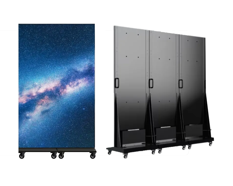 Modular rolling portrait displays showing two connected next to 3 connected