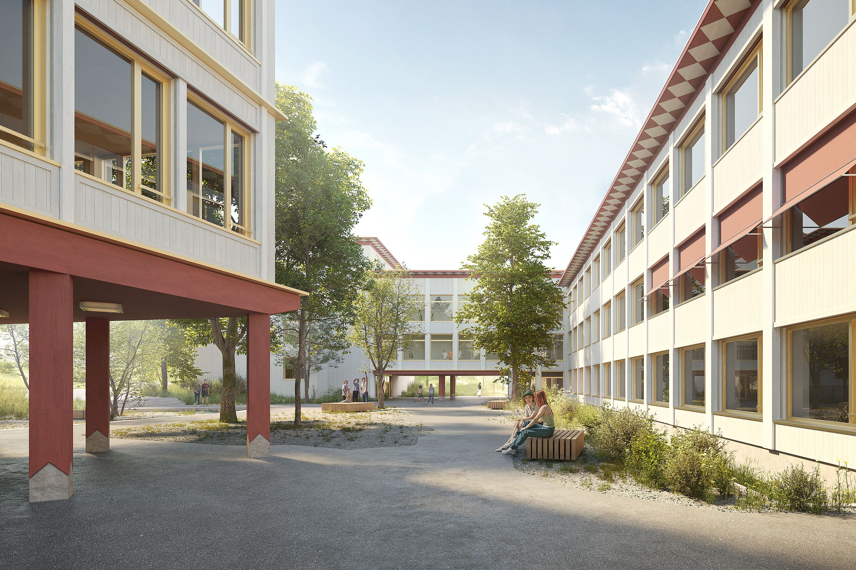 Schulhaus Bodenacker Münchenbuchsee Sicht auf Pausenhof