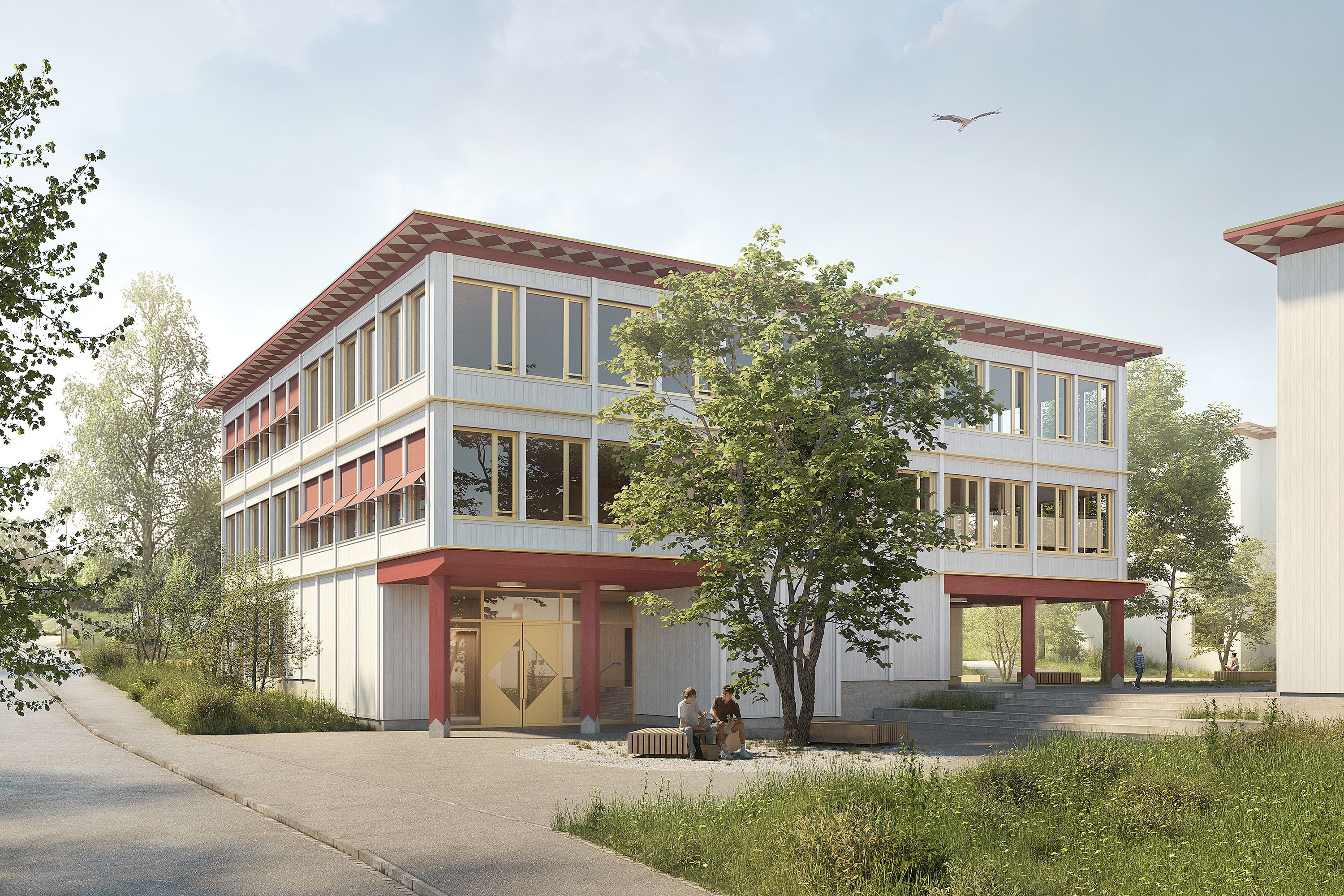 Schulhaus Bodenacker Münchenbuchsee Zugangsfassade Neubau