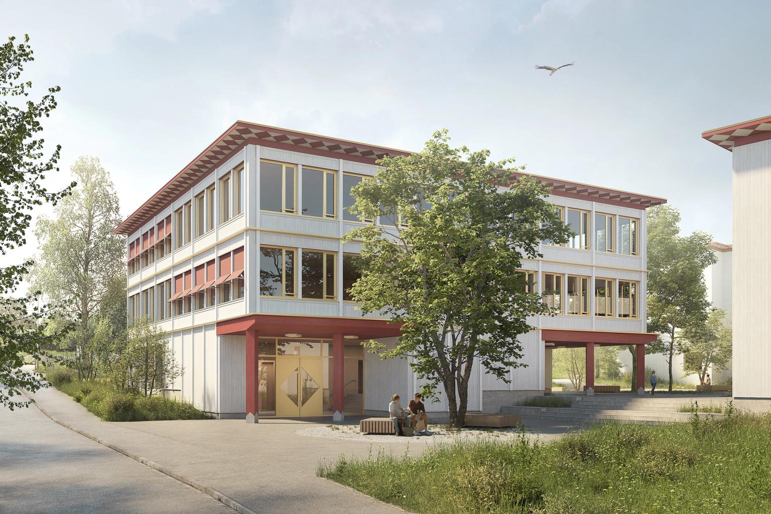 Schulhaus Bodenacker Münchenbuchsee Zugangsfassade Neubau