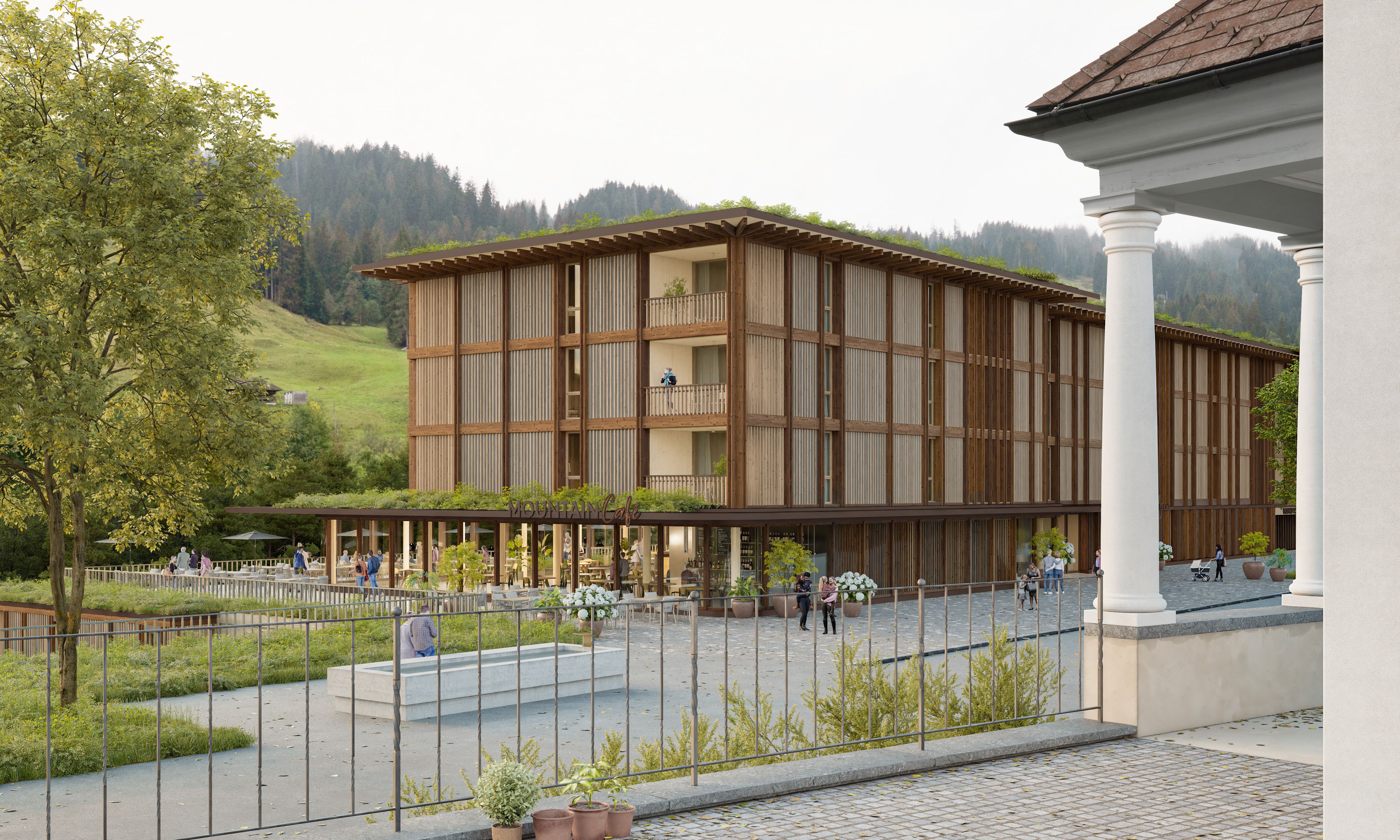 Mountain Lodge Sörenberg Sicht von Kirche auf Neubau