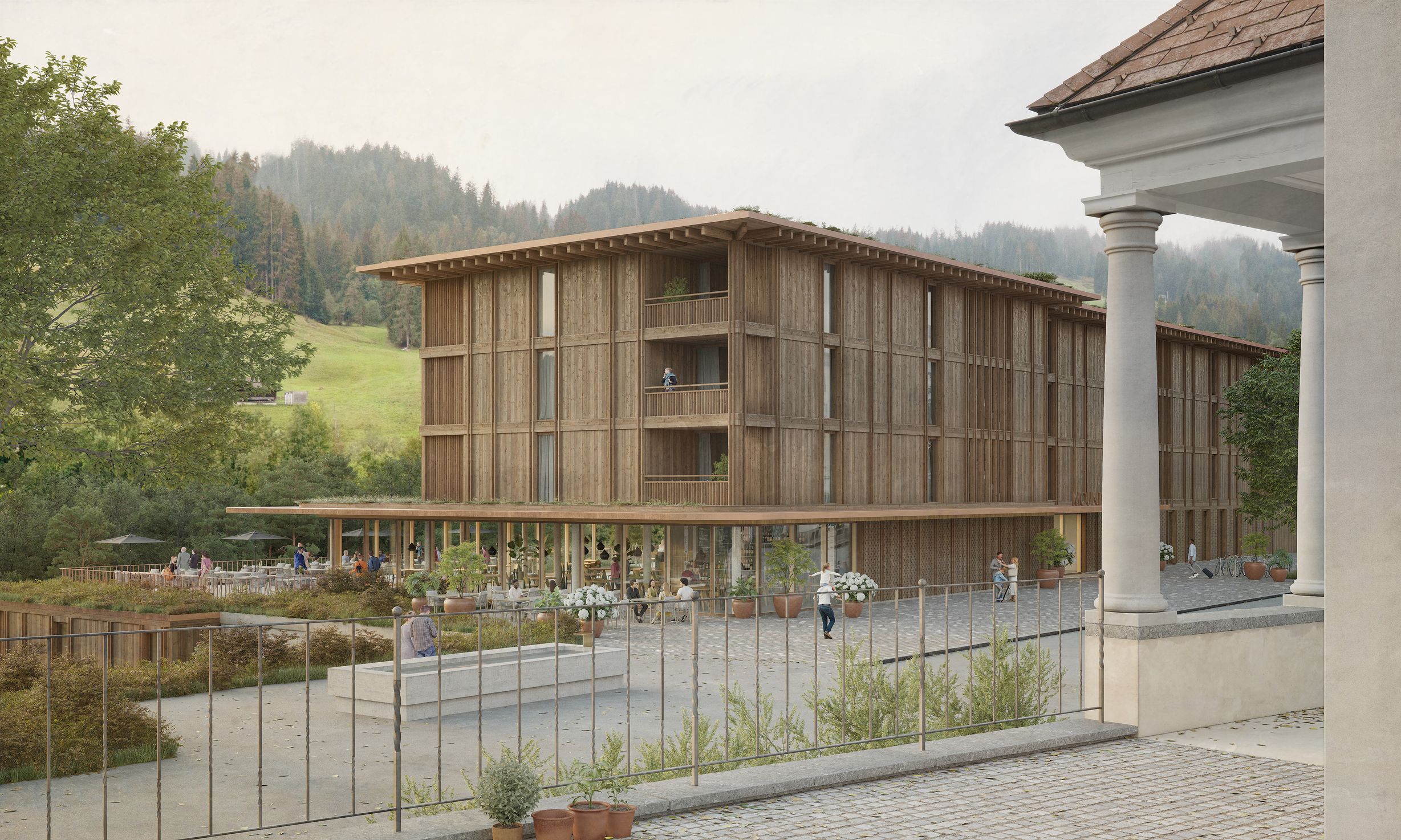 Mountain Lodge Sörenberg, Blick von Kirche auf die Holzfassade