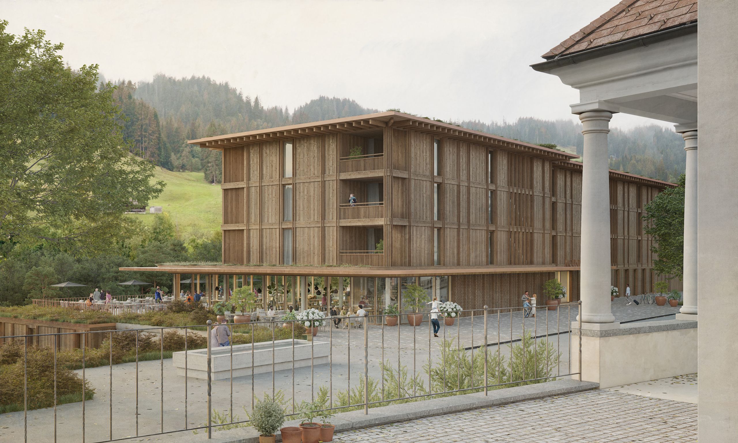 Mountain Lodge Sörenberg, Blick von Kirche auf die Holzfassade