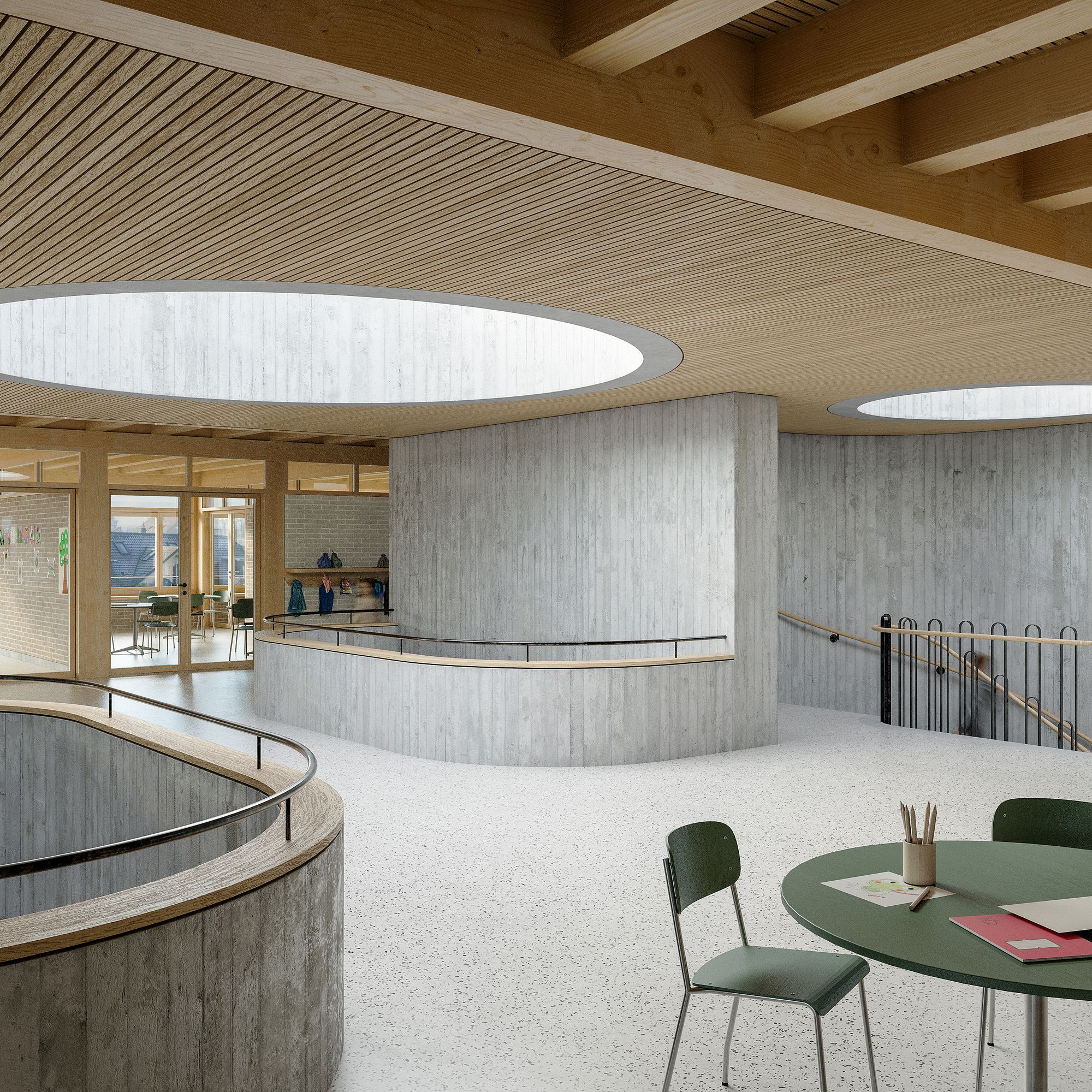 Schulhaus Paul Klee Münchenbuchsee Pausenhalle mit Sicht zu den Unterrichtsräumen