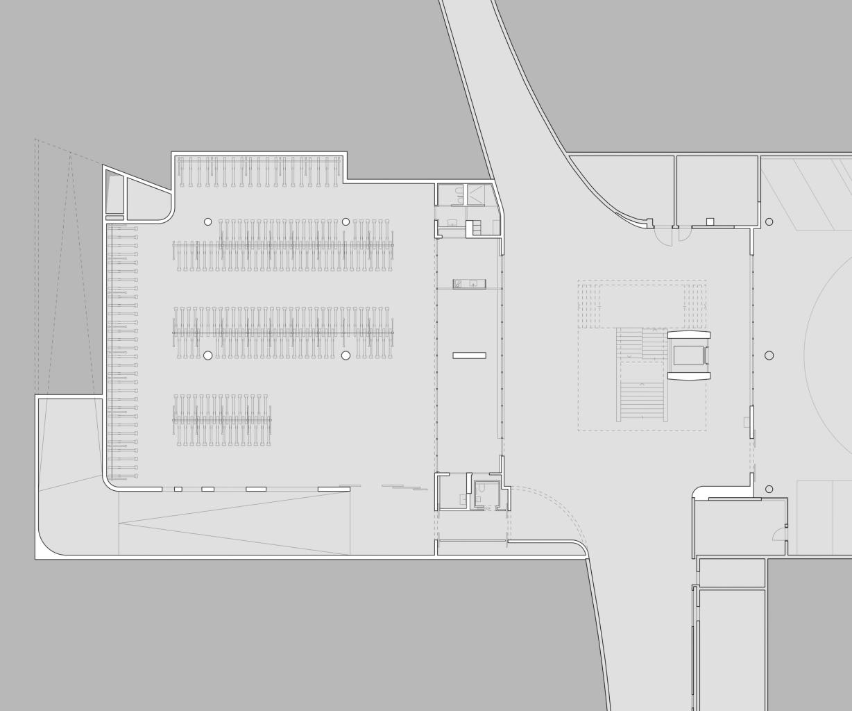 Grundriss 1. Untergeschoss mit Autoeinstellhalle und Veloparking im Bahnhof Zofingen