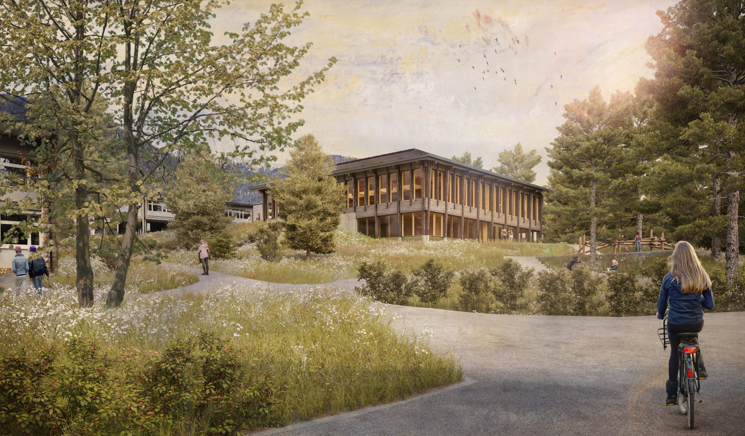 Annexgebäude mit Holzfassade beim Schulhaus Kastels in Grenchen