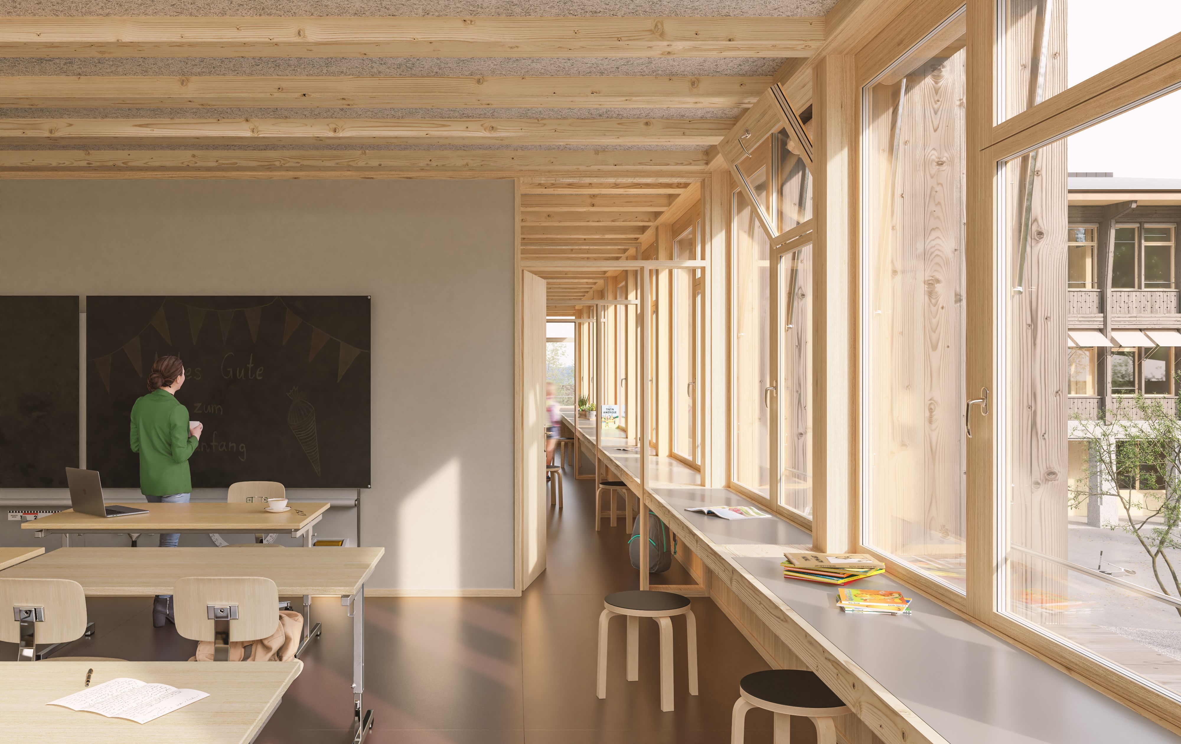 Durchsicht Klassenzimmer in Gruppenraum Schulhaus Kandermatte in Thierachern