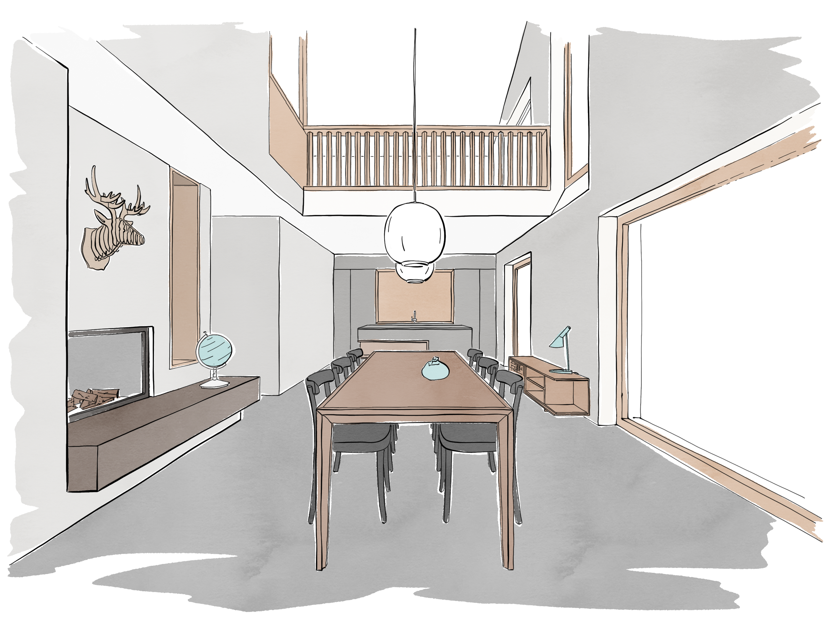 Skizze Innenansicht EFH Rüschegg mit Cheminée, Holztisch und Horgen-Glarus-Stühle