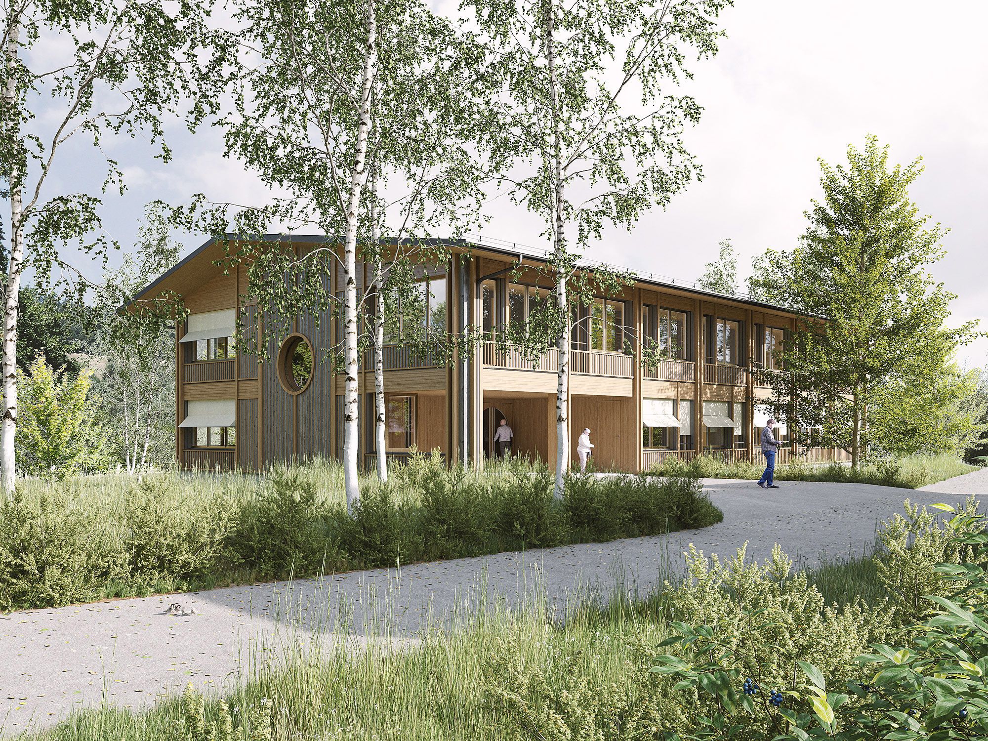 Zugang Werkstattgebäude mit Holzschalung in Renan