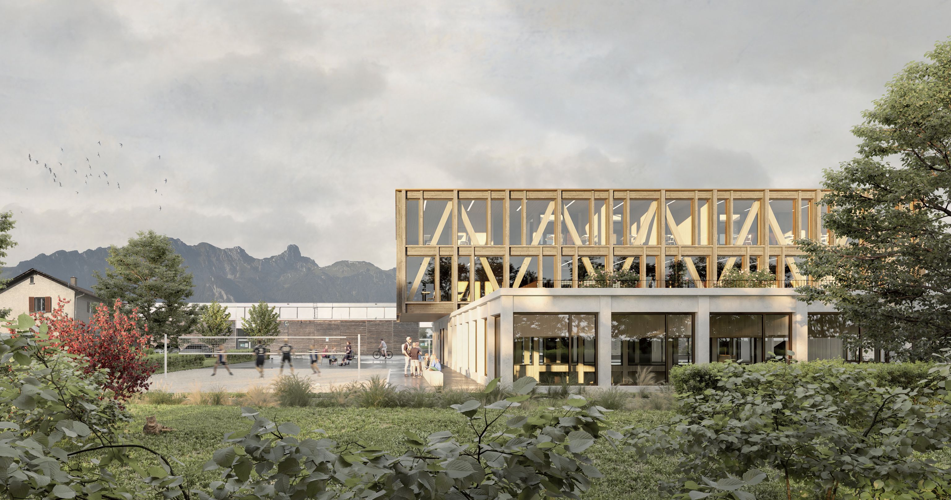Aussenansicht Fassade Gymnasium Thun mit muralem Sockelgeschoss und Obergeschosse in Holzbauweise