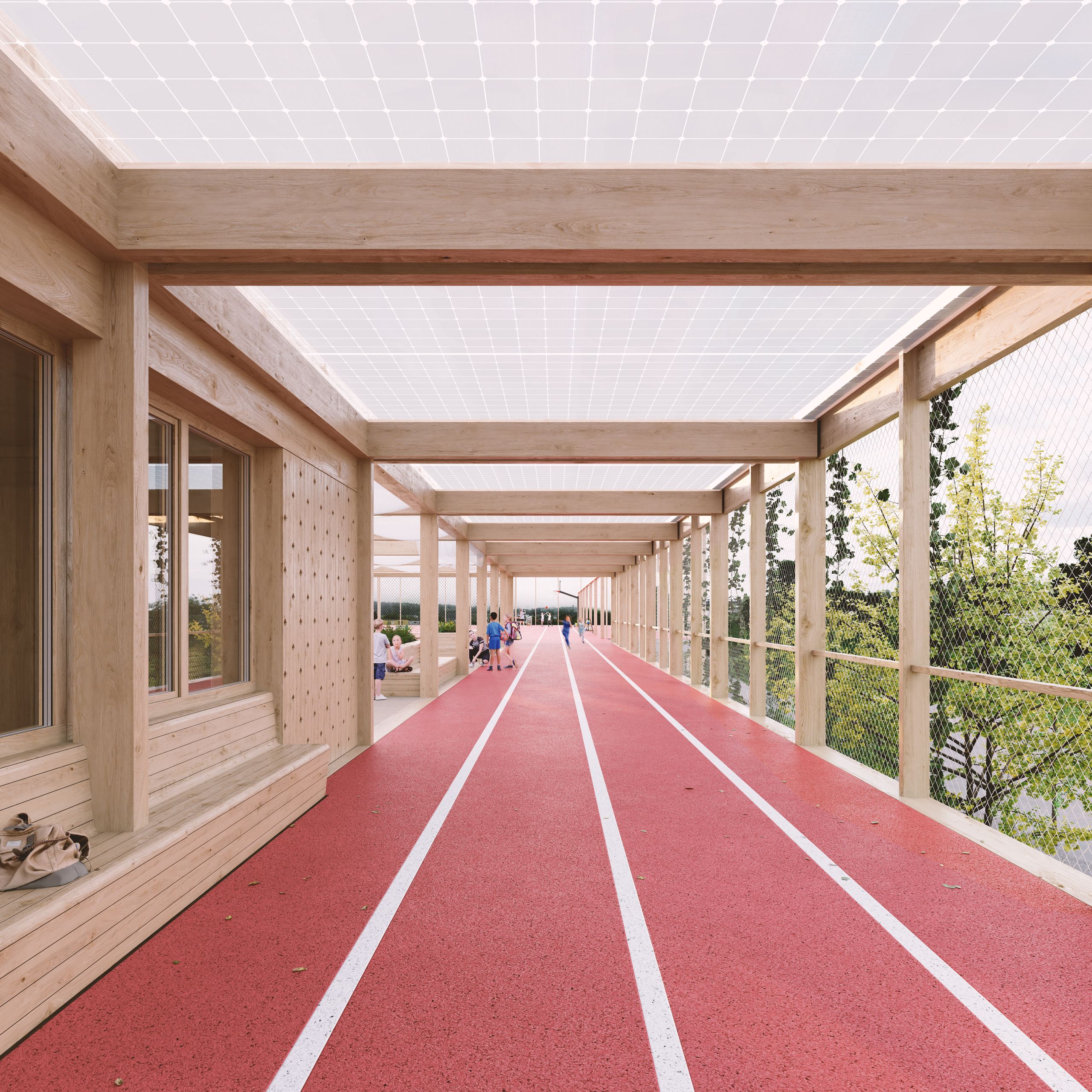 Schulhaus Neufeld Thun Laufbahn auf Verbindungsdach