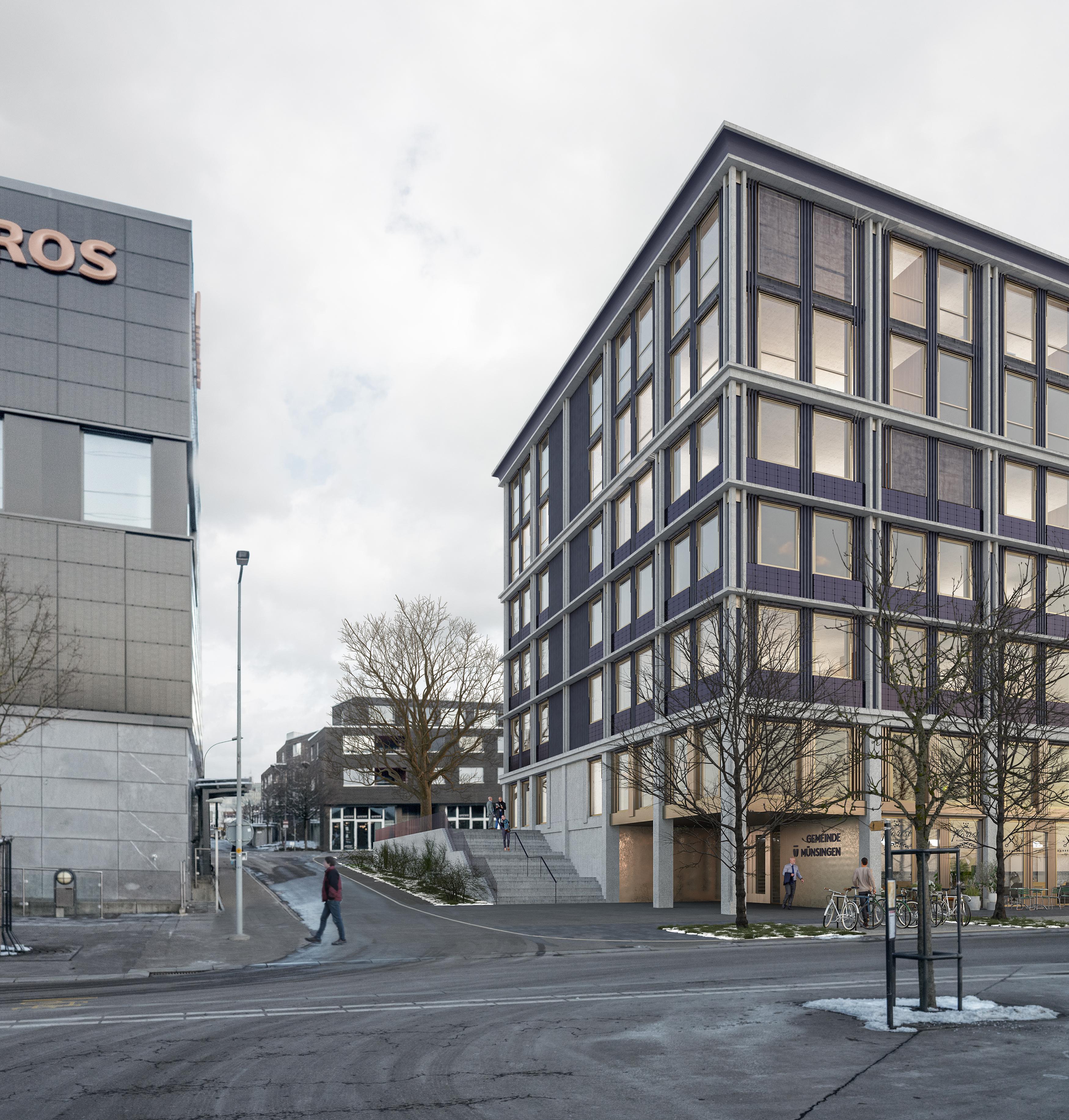 Fassade mit PV-Anlage der Gemeindeverwaltung in Münsingen