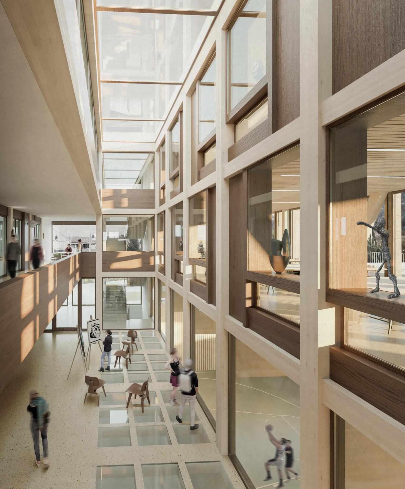 Innenansicht Luftraum Gymnasium Thun mit Sicht in Klassenzimmer und Sporthalle