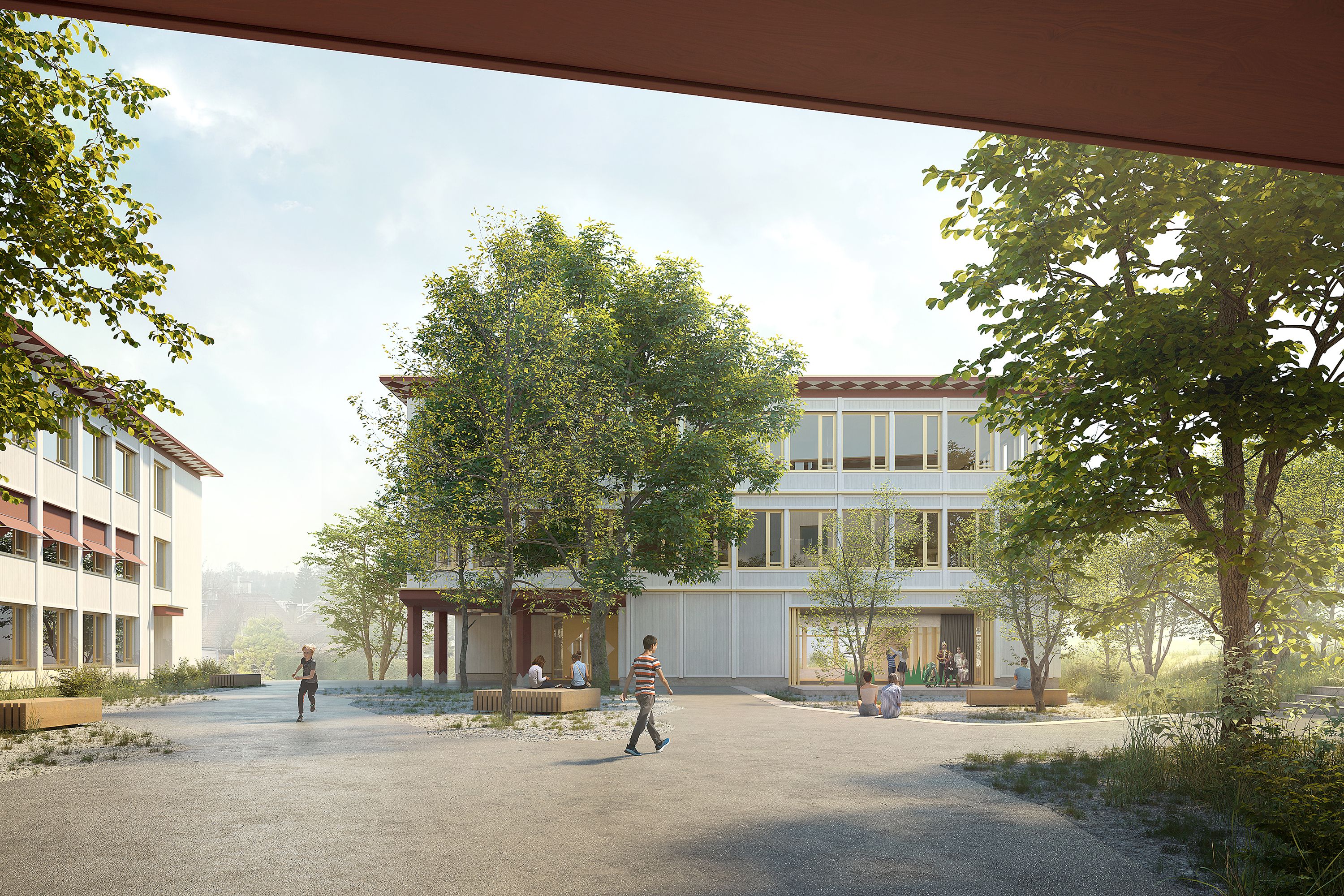 Schulhaus Bodenacker Münchenbuchsee Sicht auf Pausenhof