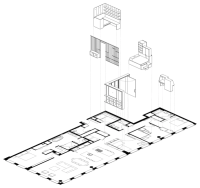 Exploded axonometric drawing showing five meditations from top to bottom: office (thickened), storage wall (perforated), fort bed (stacked), flex space (dissolved), secrets desk (folded).
