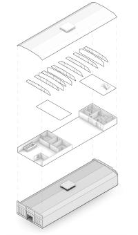Axonometric diagram of DPT showing how the building is comprised of two dense cores, between which sits the void of the blackbox theatre