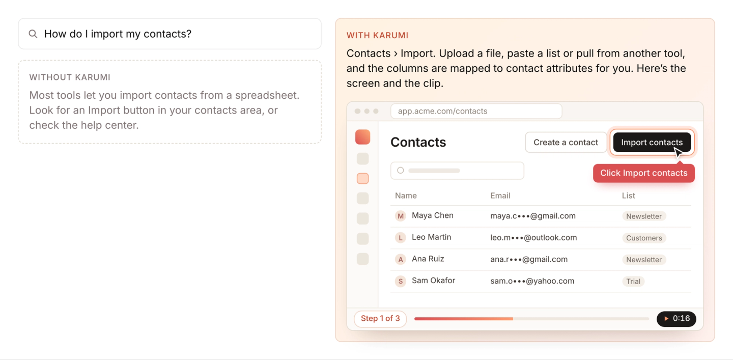 The question "How do I import my contacts?" answered twice: a generic answer without Karumi, and an answer with Karumi that names Contacts › Import and shows the screen with the Import contacts button highlighted