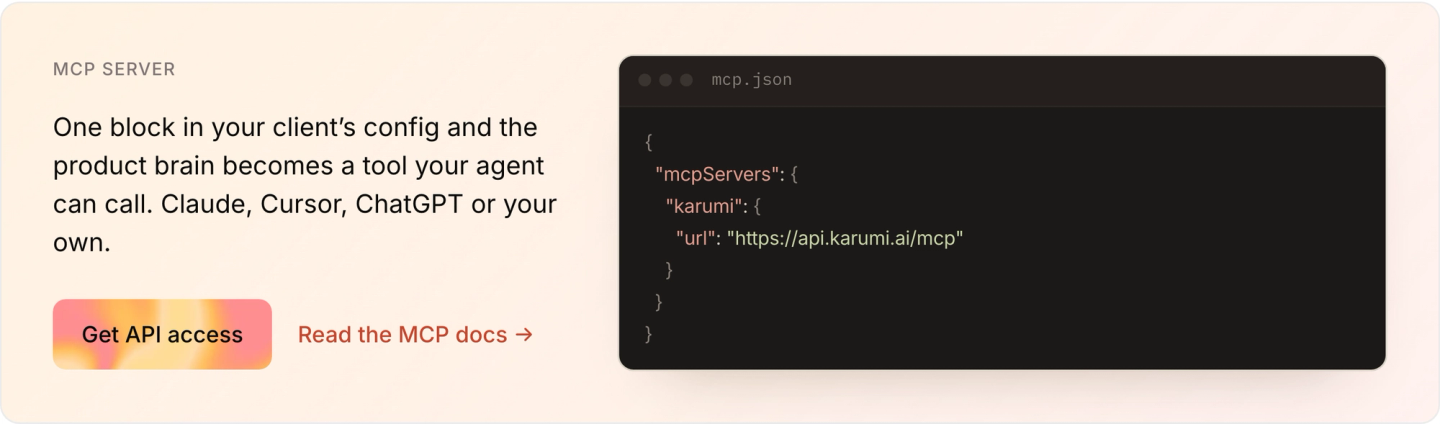 An mcp.json config block pointing an MCP client at https://api.karumi.ai/mcp
