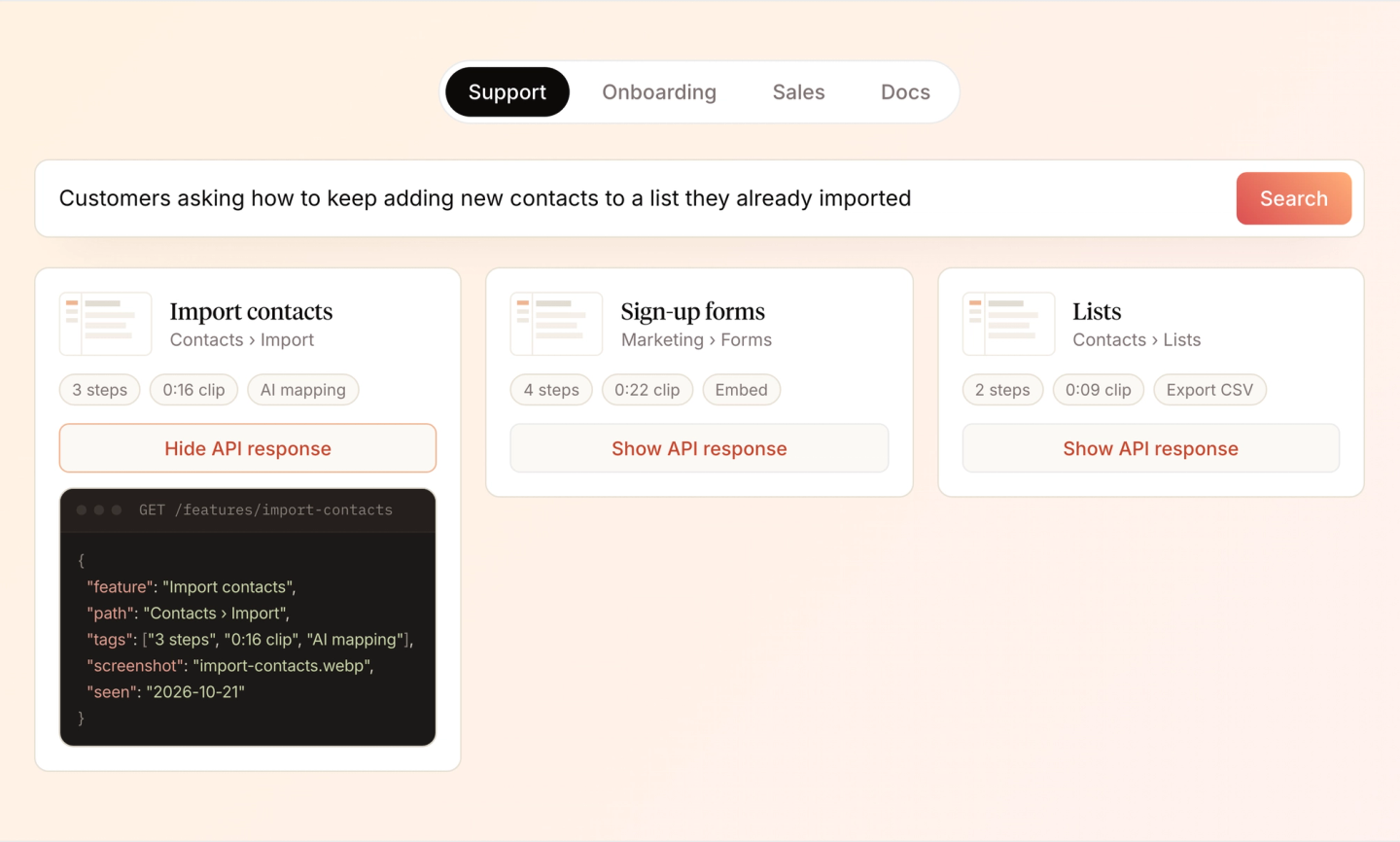 A plain-language search for adding contacts to an existing list returns three features, Import contacts, Sign-up forms and Lists, with the first one's API response open