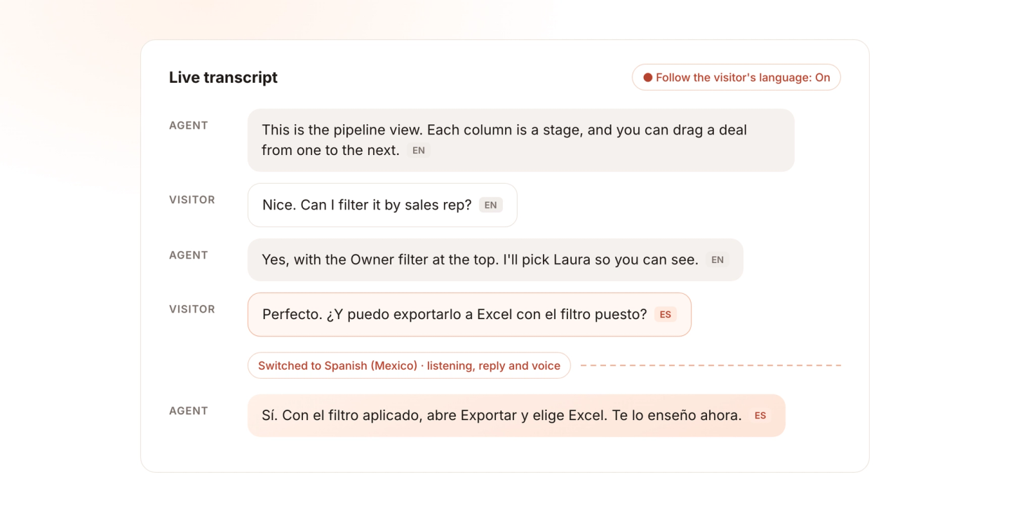 A demo transcript where the visitor starts in English, then asks a question in Spanish, and the agent switches and answers in Spanish